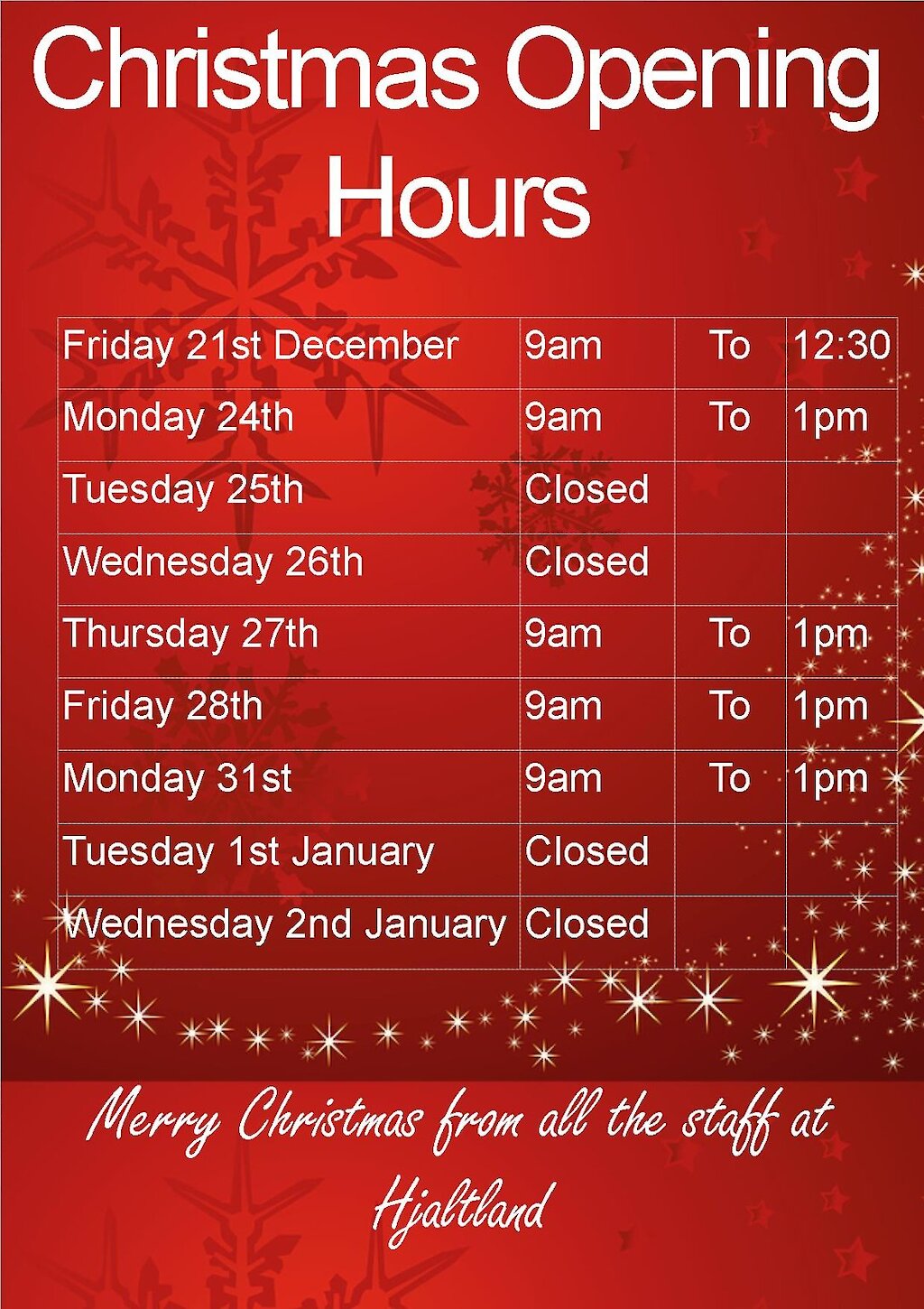 Festive opening hours 2018 | Hjaltland Housing Association