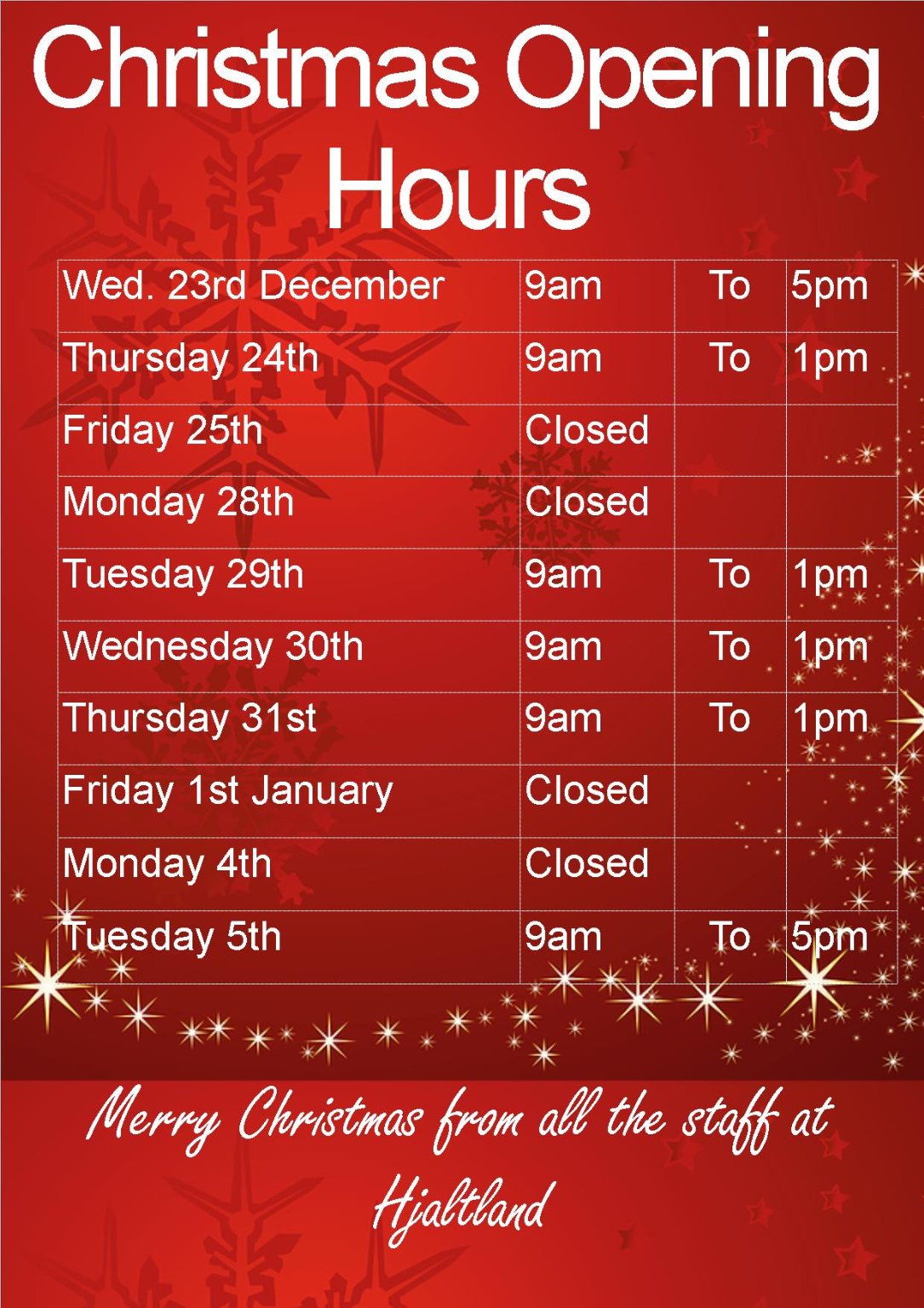 Festive Opening Hours | Hjaltland Housing Association